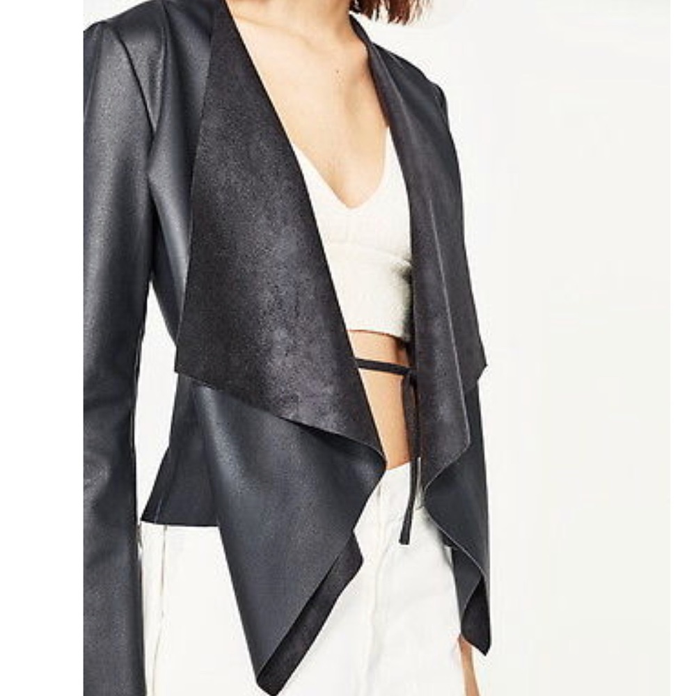 Black faux leather Zara Drape Jacket